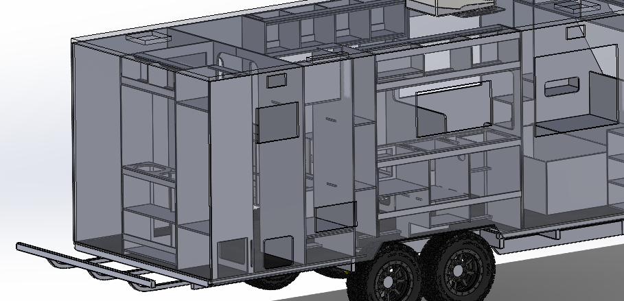 SolidWorks 3D assembly of a full caravan showing chassis, framing and internal cabinetry