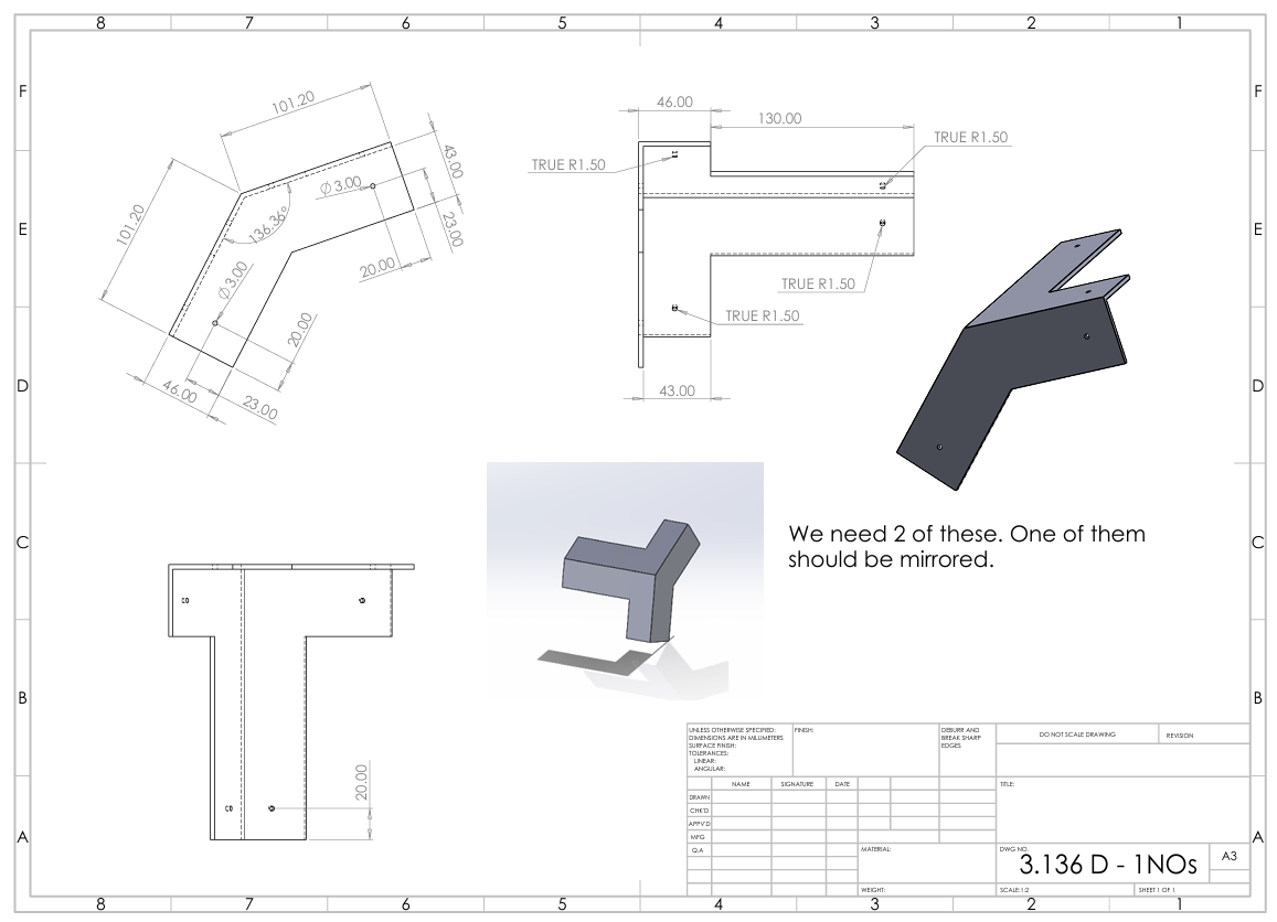 Dimensioned sheet metal bracket drawing with fold lines, bend radii and 3D views
