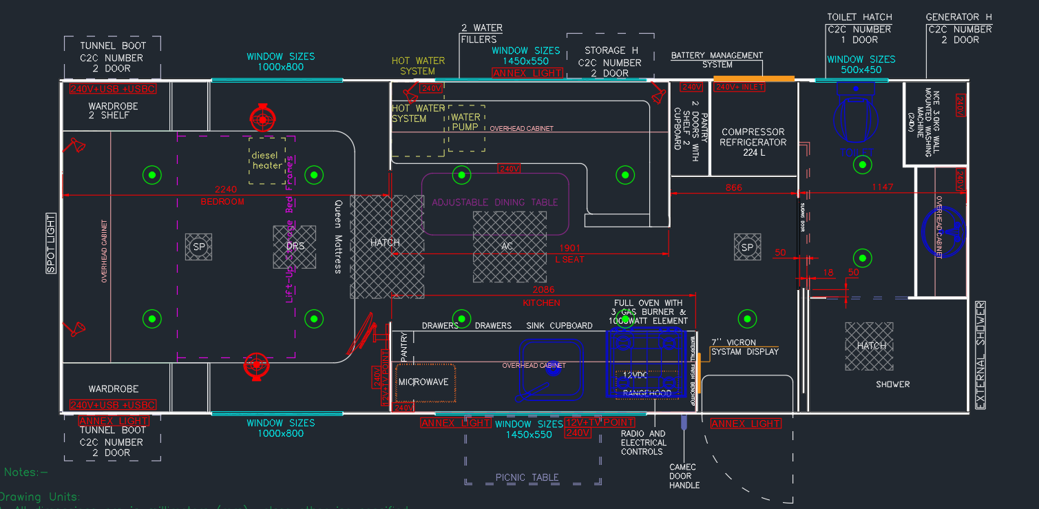 CAD caravan floor plan showing bedroom, kitchen, dinette and ensuite with services marked
